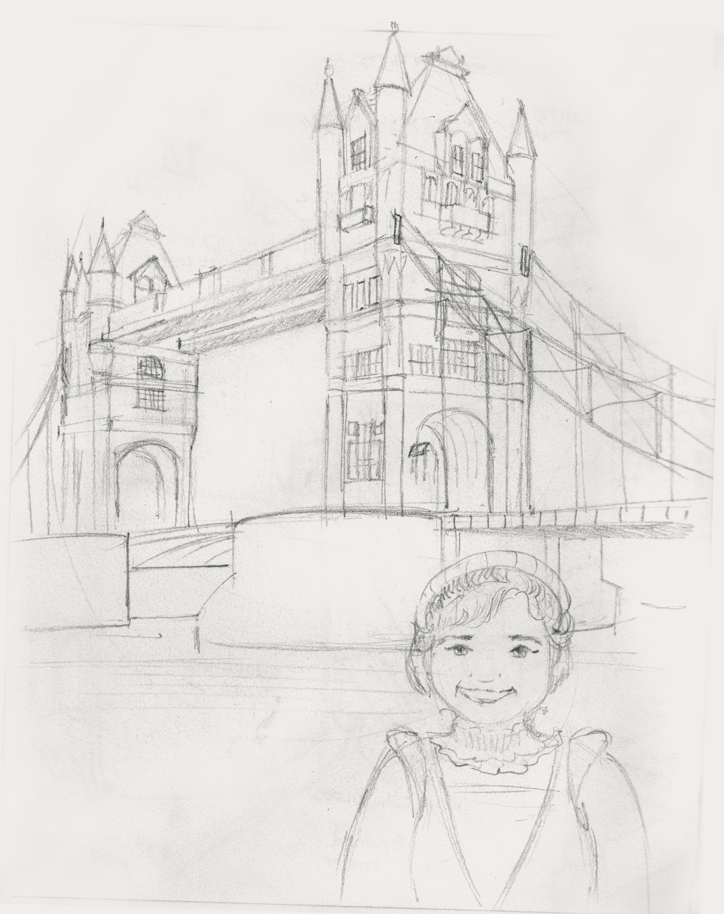 Rough pencil sketch of Tower Bridge inside a thought bubble, from 'A Globe Within a Globe'.
